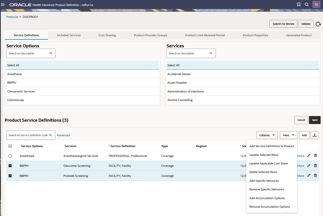 More Options on Product Service Definitions