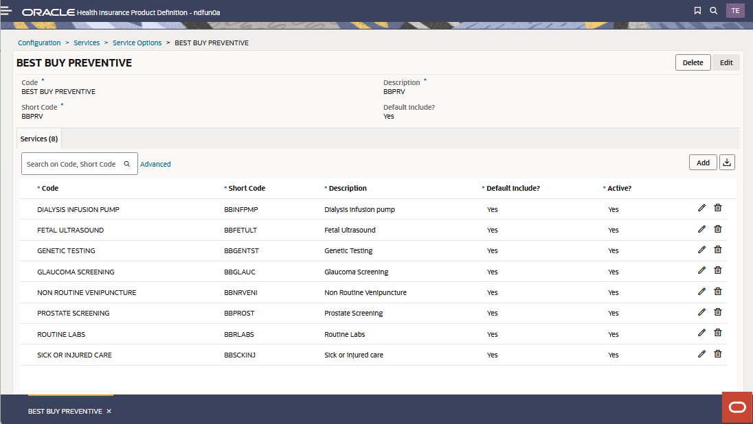 Setup Service Option Detail page