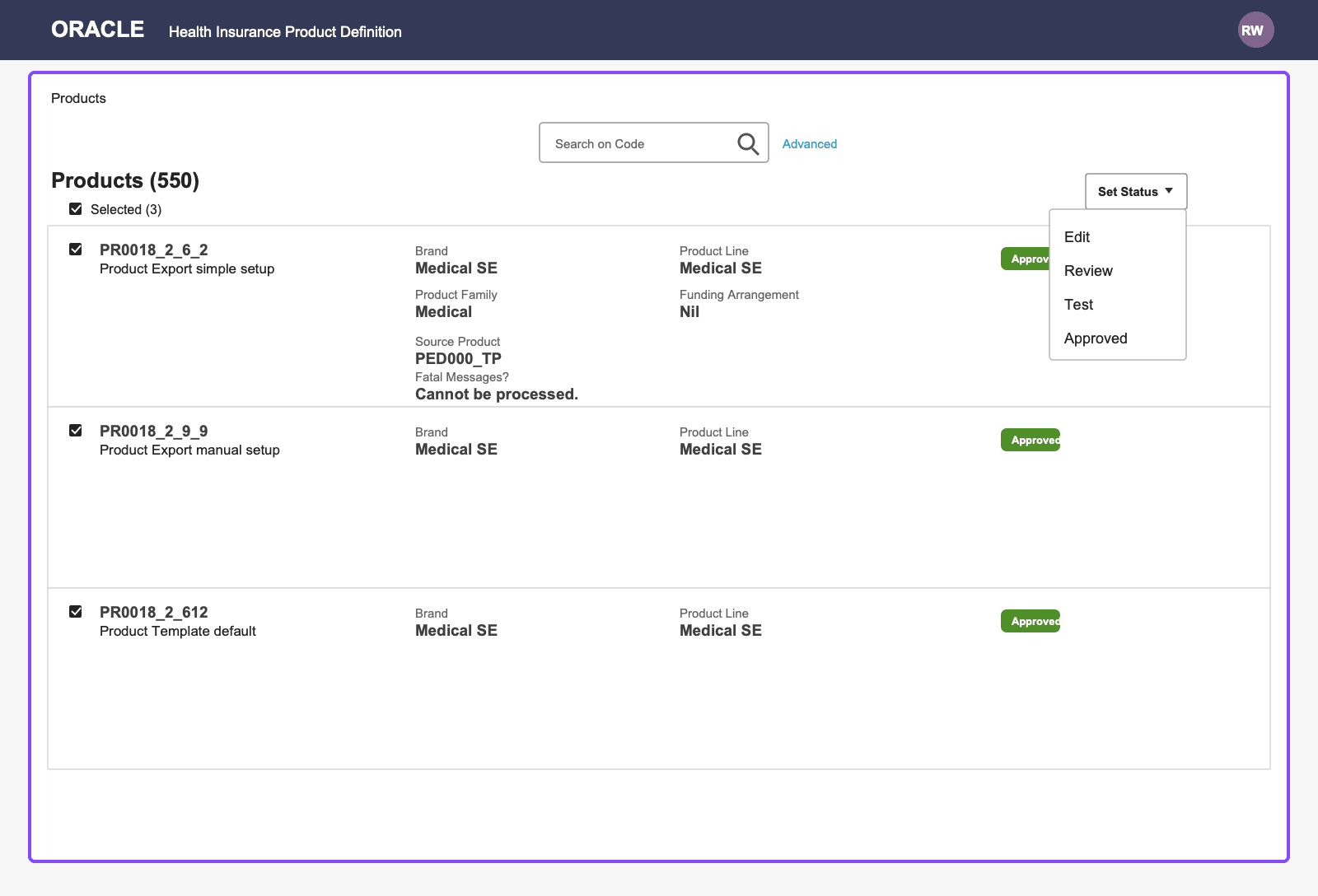 The Products search page with three products selected and the Set Status menu open