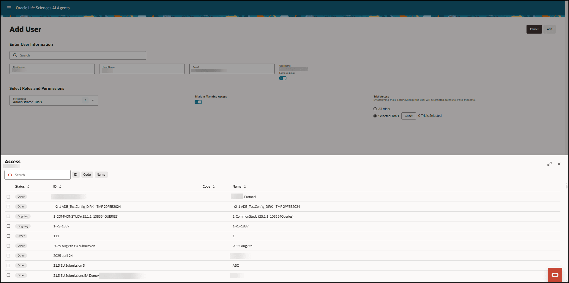 Add User page - Shows the Access panel