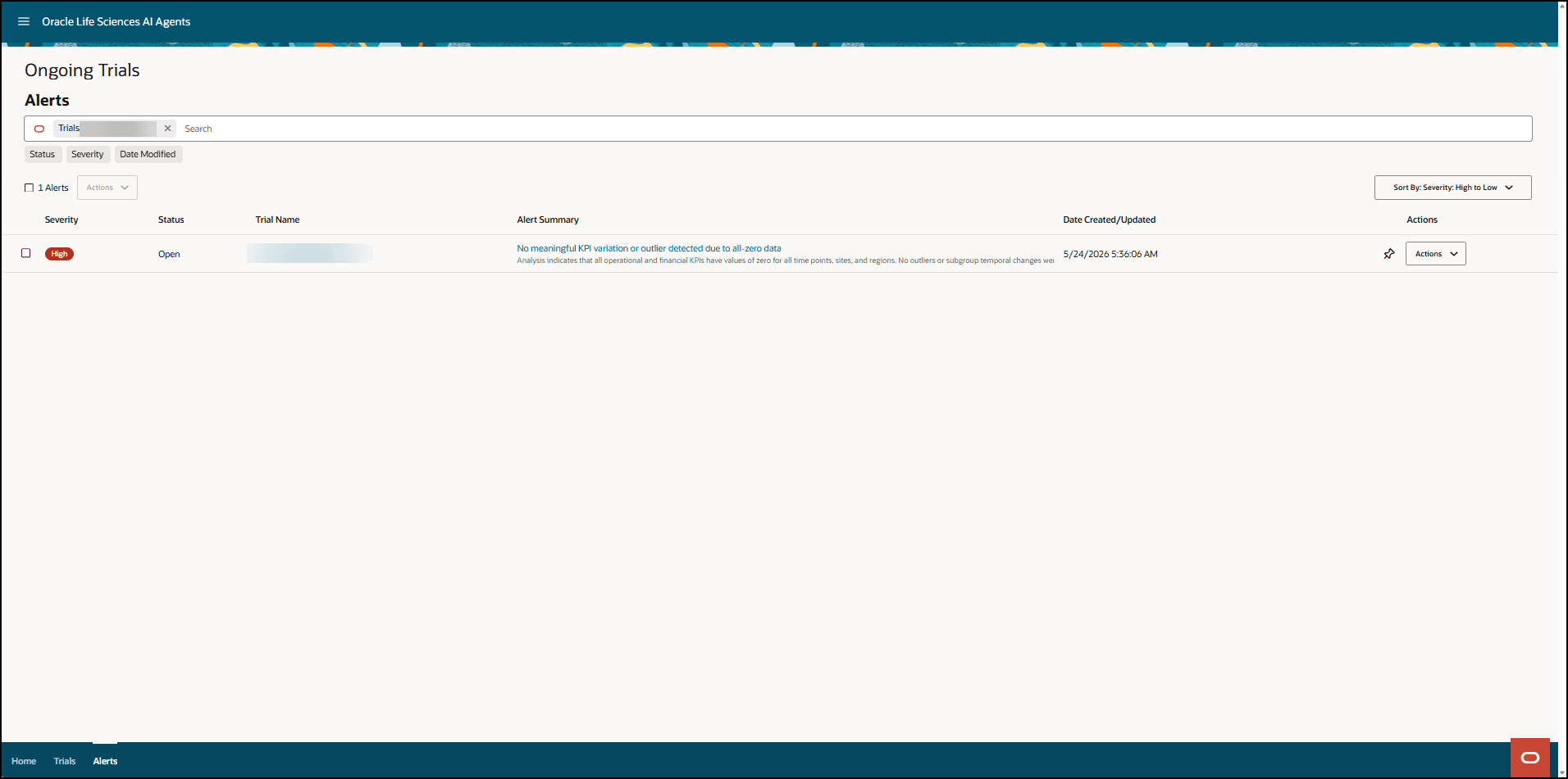 Alerts list - Filtered for the study associated with the alert