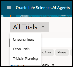Trials list - Shows drop-down menu options