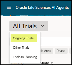 Trials List drop-down menu - Ongoing Trials option highlighted