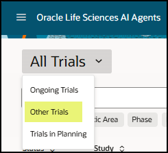 Trials List drop-down menu - Other Trials option highlighted