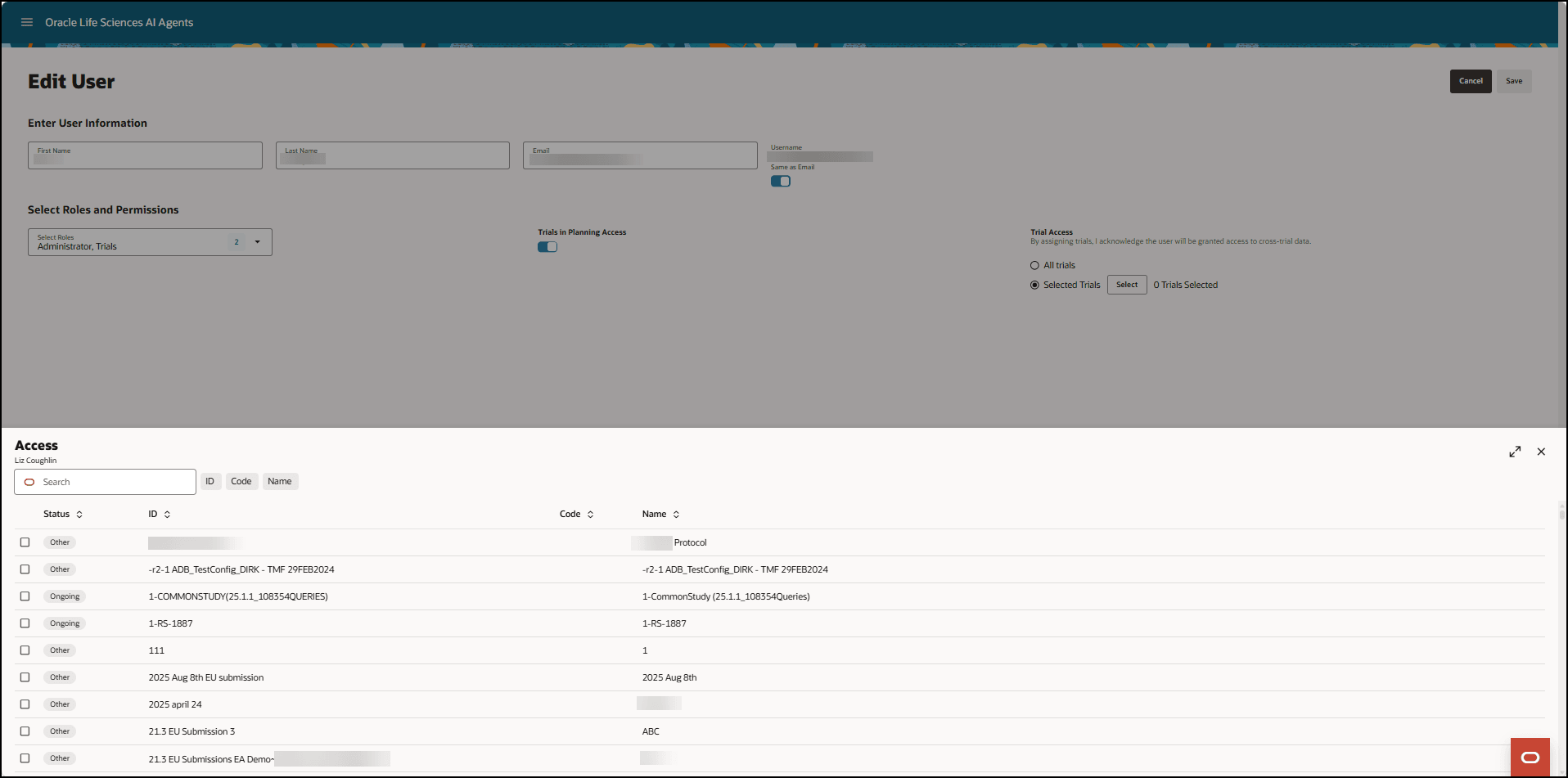 Edit User page - Shows the Access panel