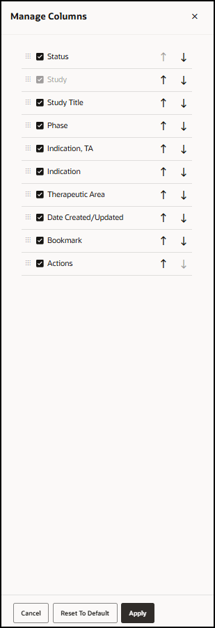 Manage Columns panel