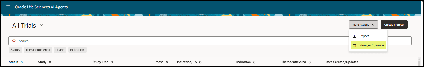 Ongoing Trials list view - More Actions drop-down menu with the Manage Columns option highlighted