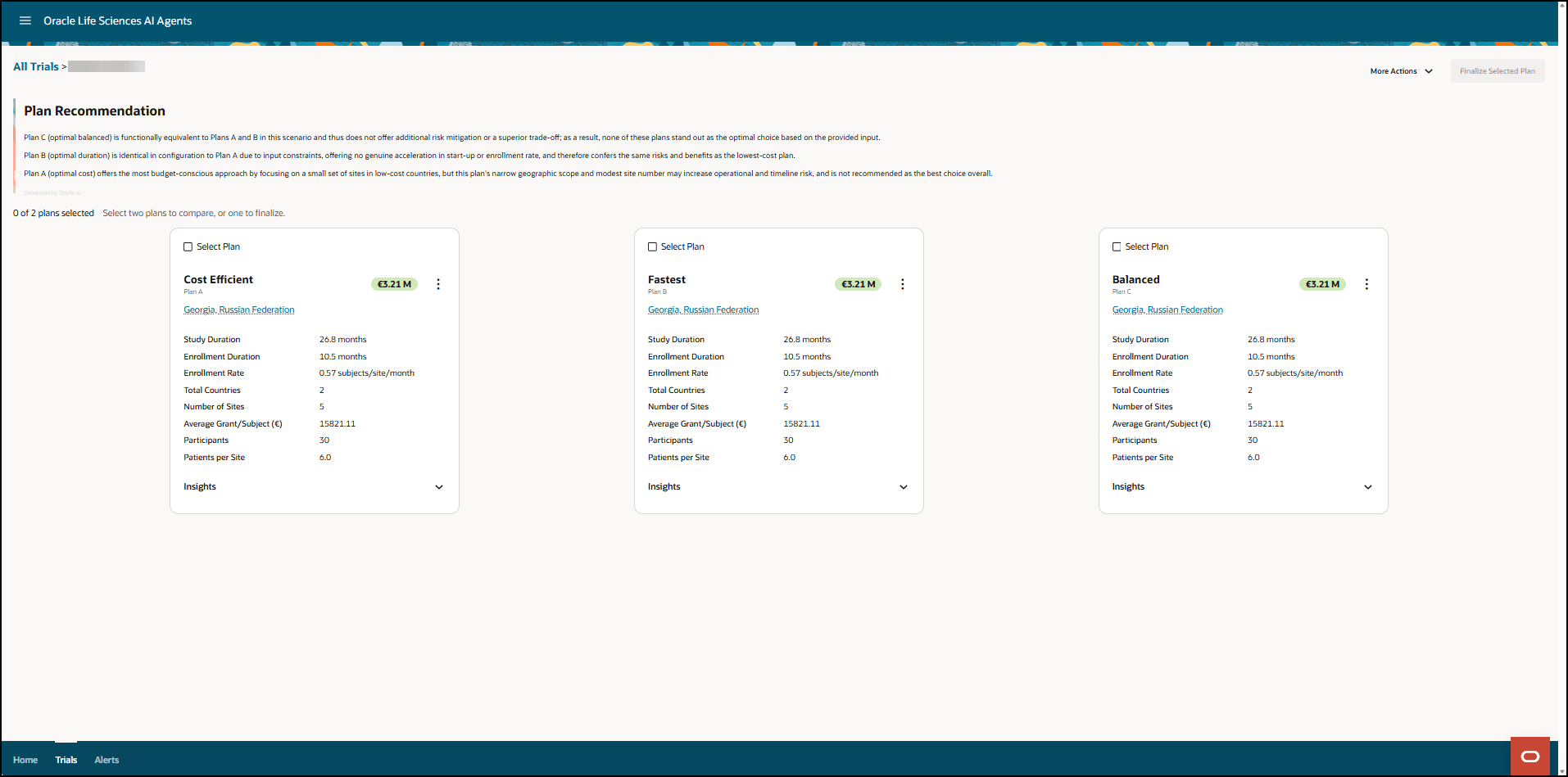 Plan Recommendation page - Trial status of Finalizing Plan