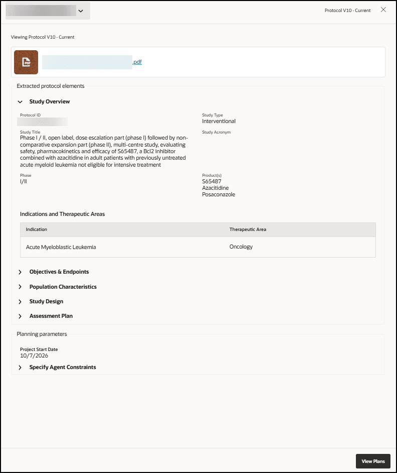 Protocol Name panel - Shows the View Plans button