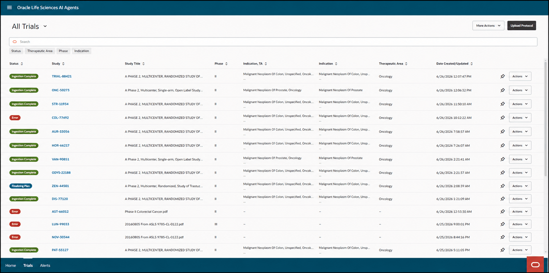 Trials list - Shows the All Trials list view