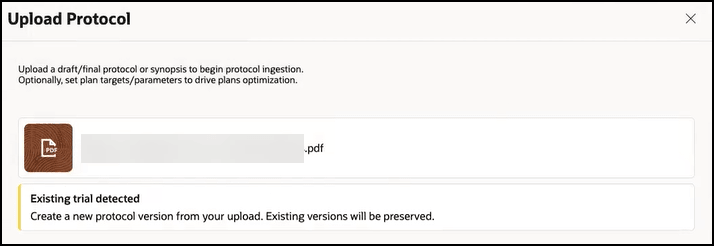 Upload Protocol panel - Shows the Existing trial detected message