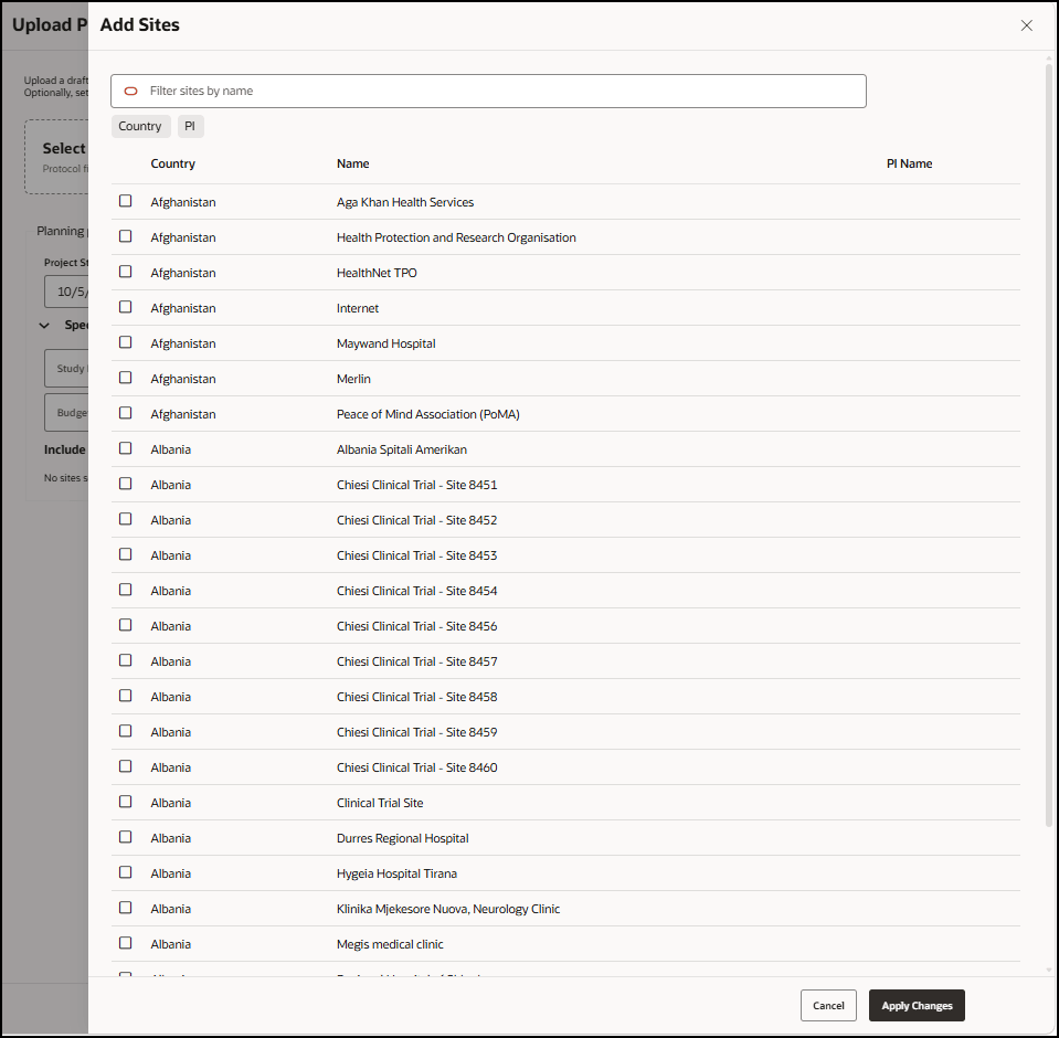 Add Sites panel