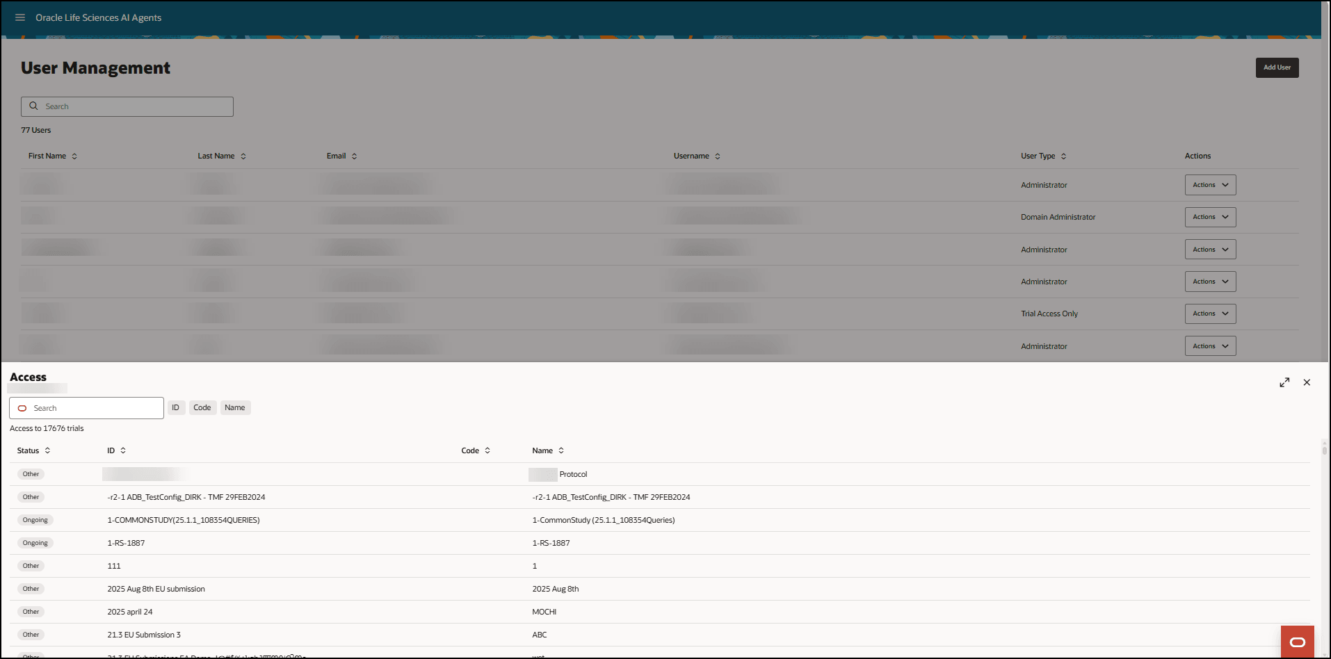 User Management page - Access panel shows trial access