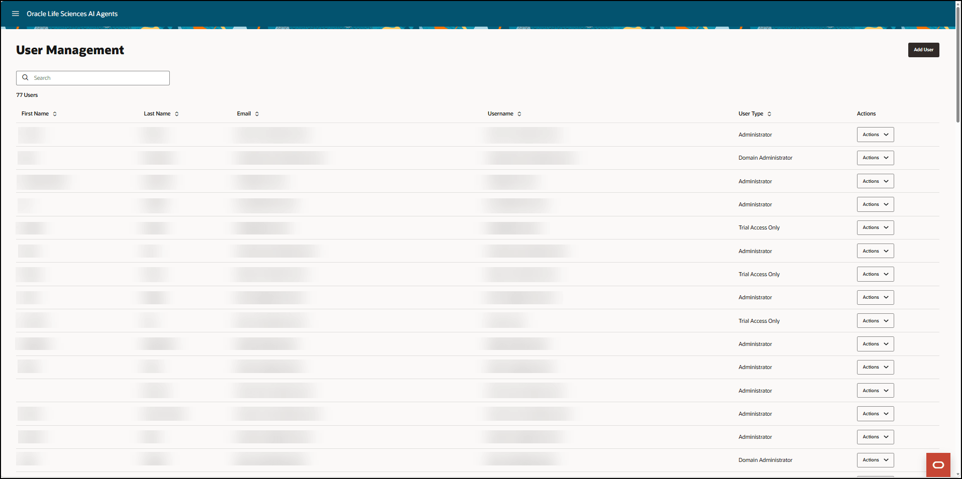 User Management interface - Shows the User Management page