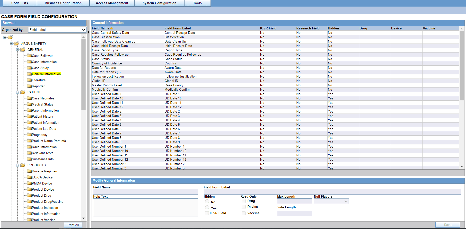 Configure Field Properties screen