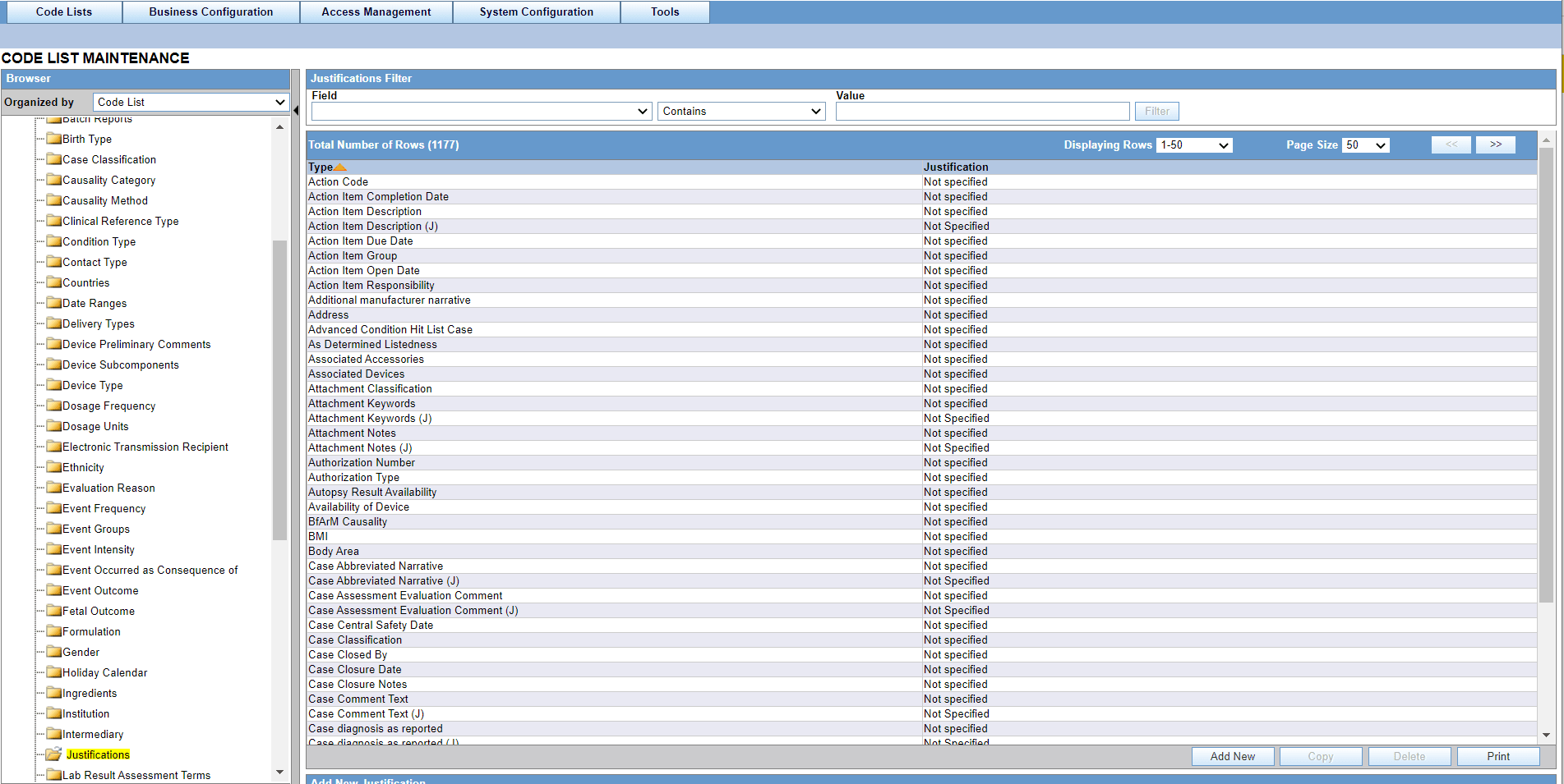 Configure Justifications fields