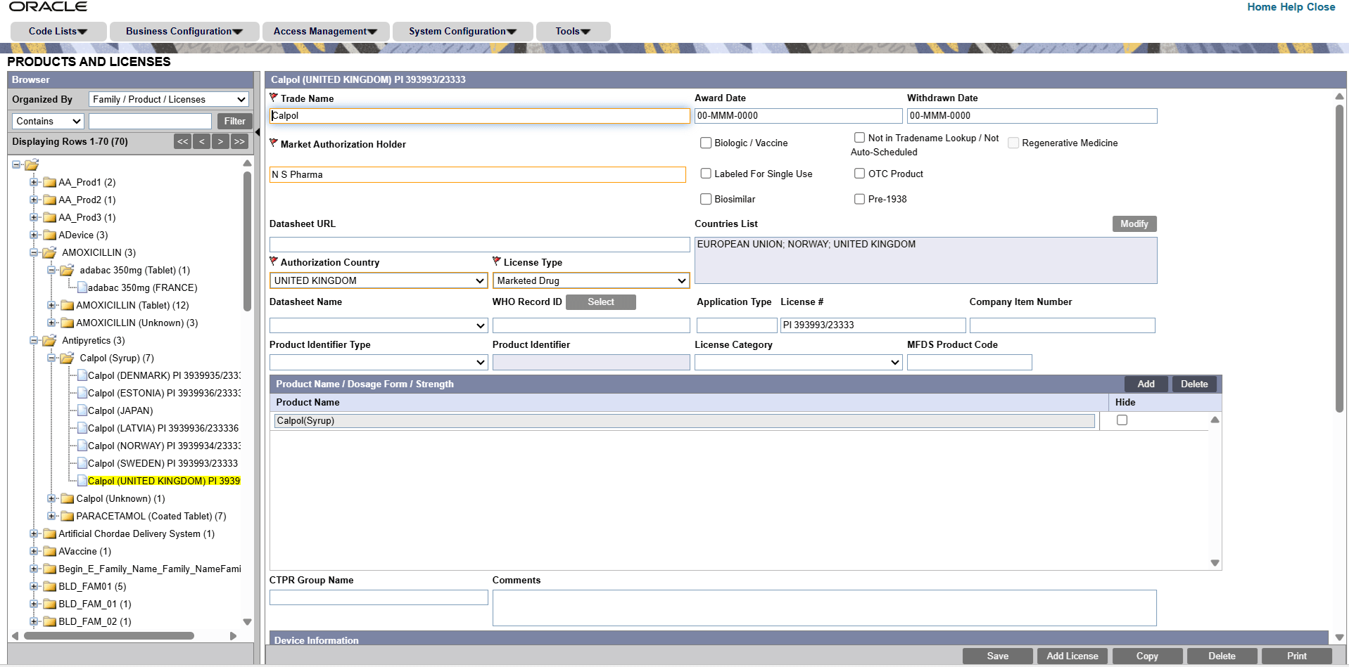 Products and Licenses screen