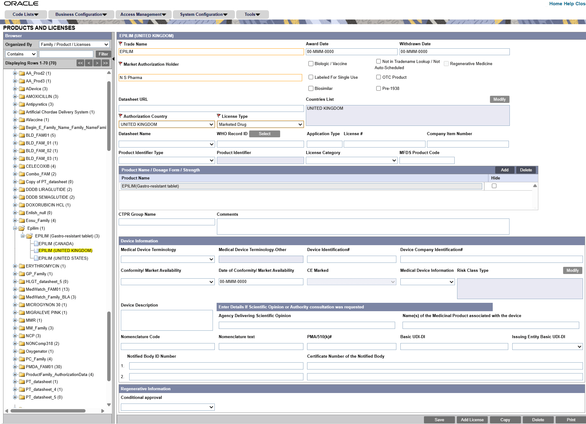 Configure Licenses screen
