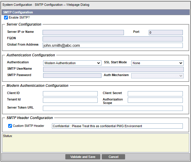 SMTP Configuration pop-up window