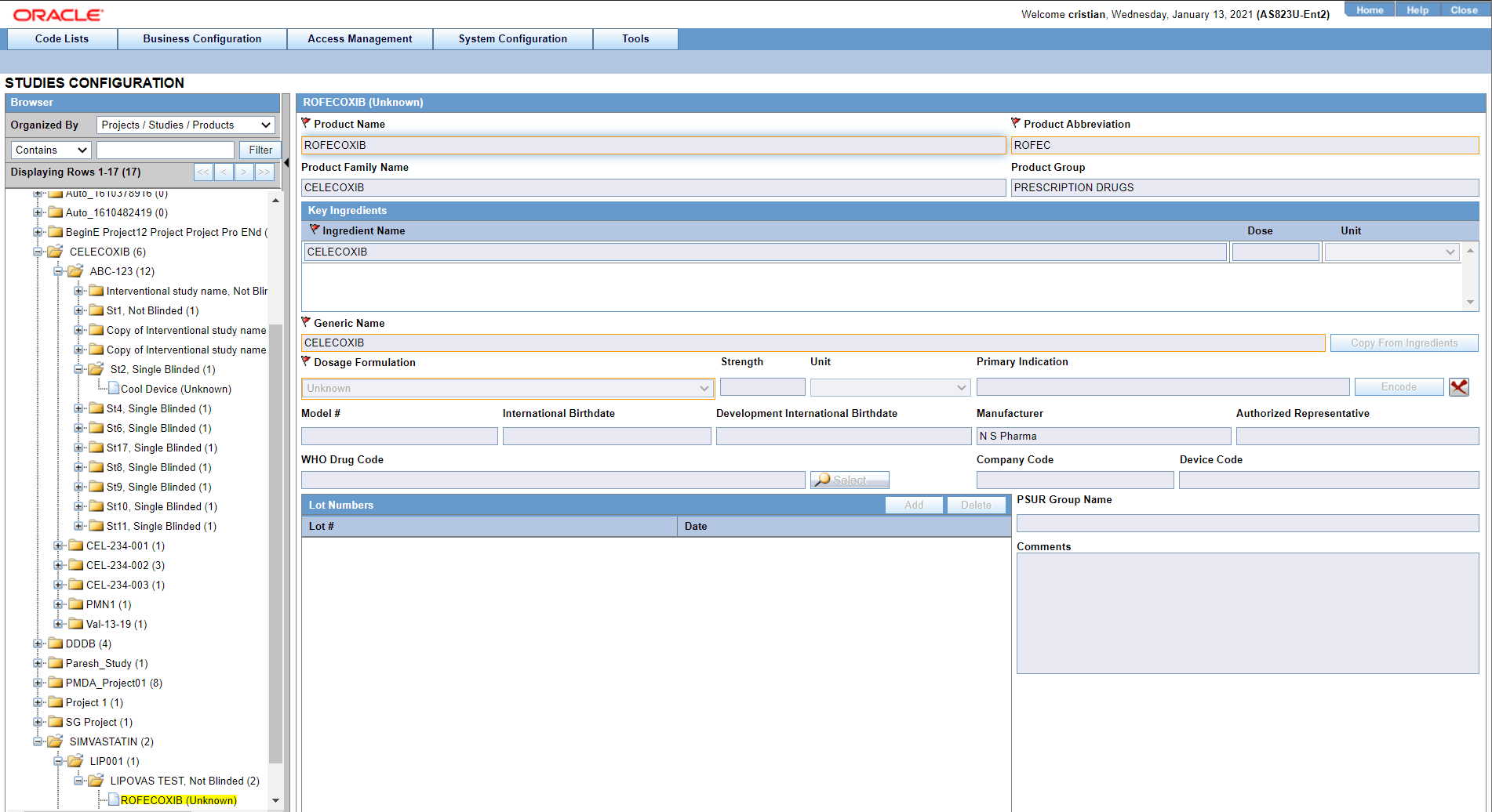 Study Configuration screen
