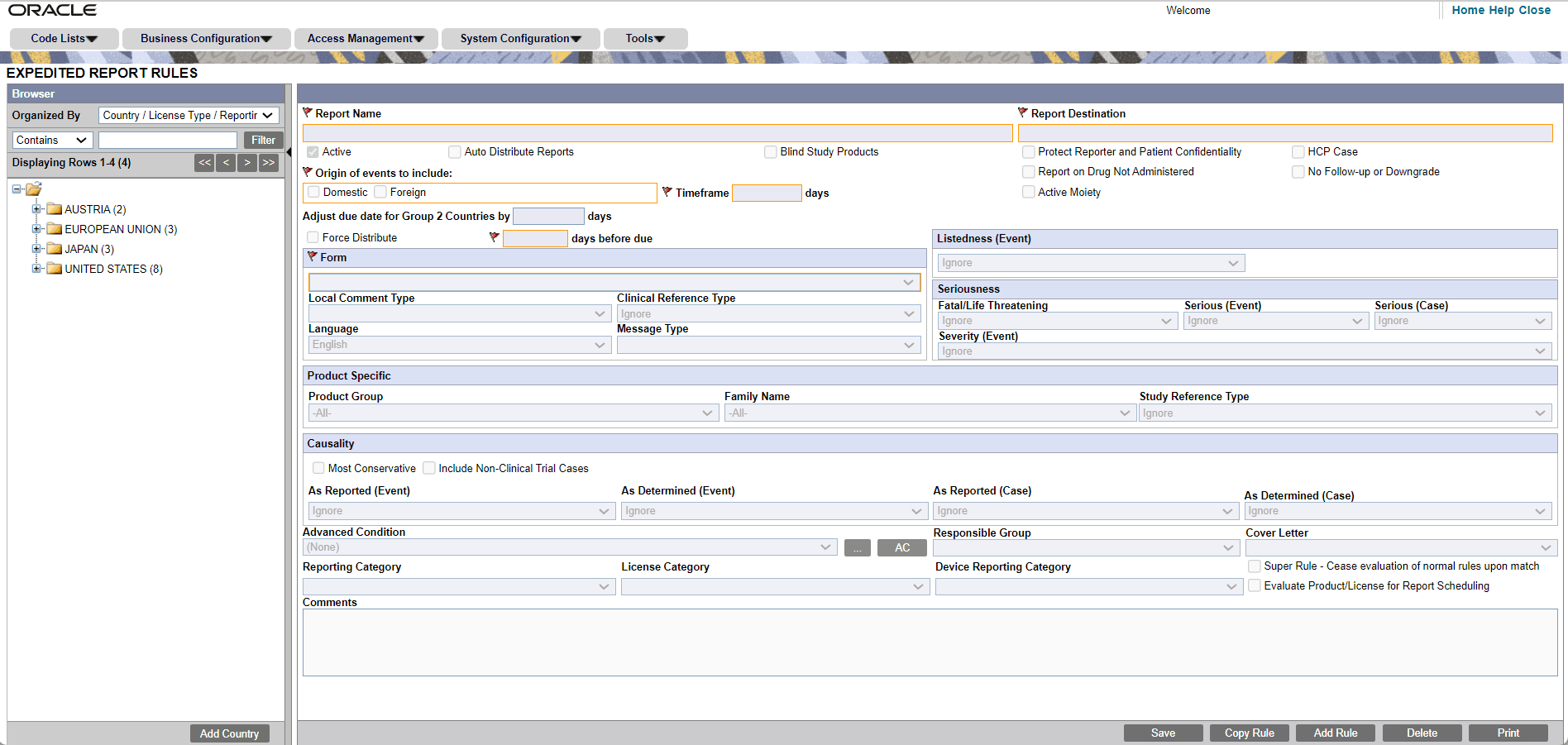 Expedited Report Rules window screenshot