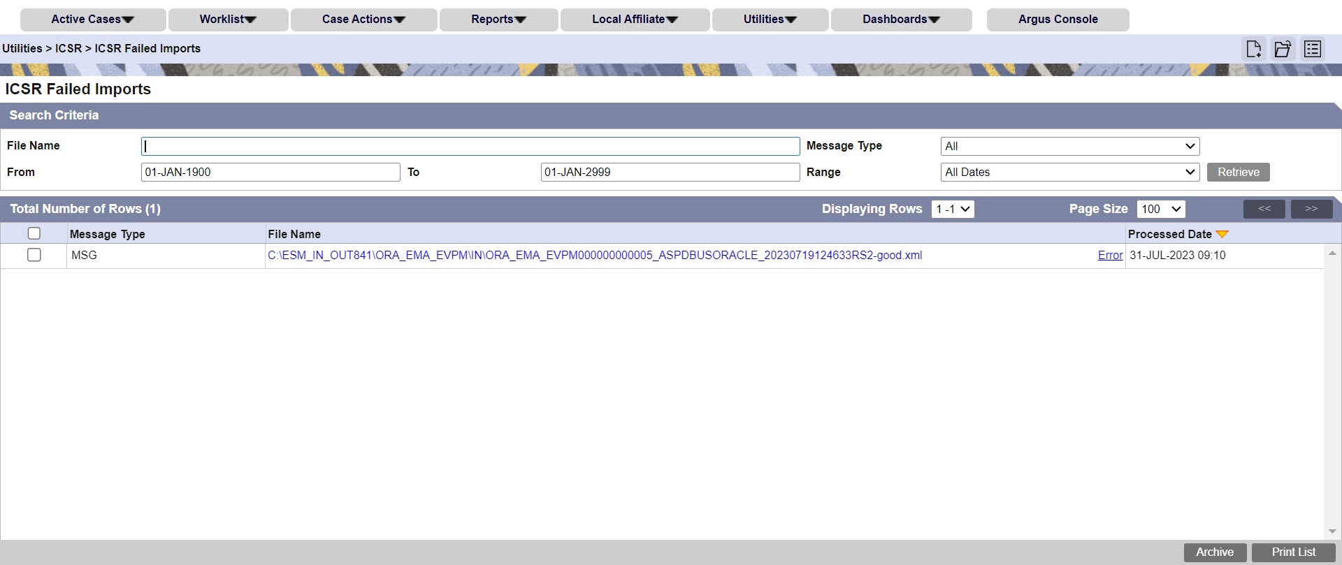 ICSR Failed Imports screenshot