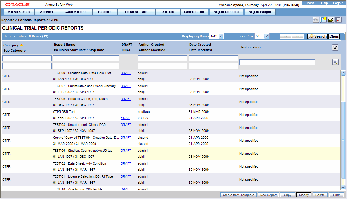 Clinical Trial Periodic Reports screen