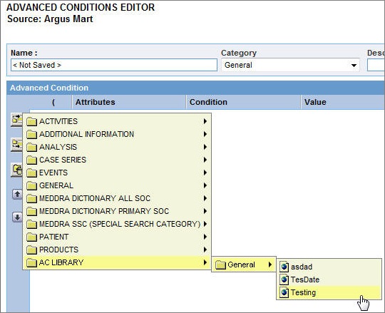 Advanced Conditions Editor screen