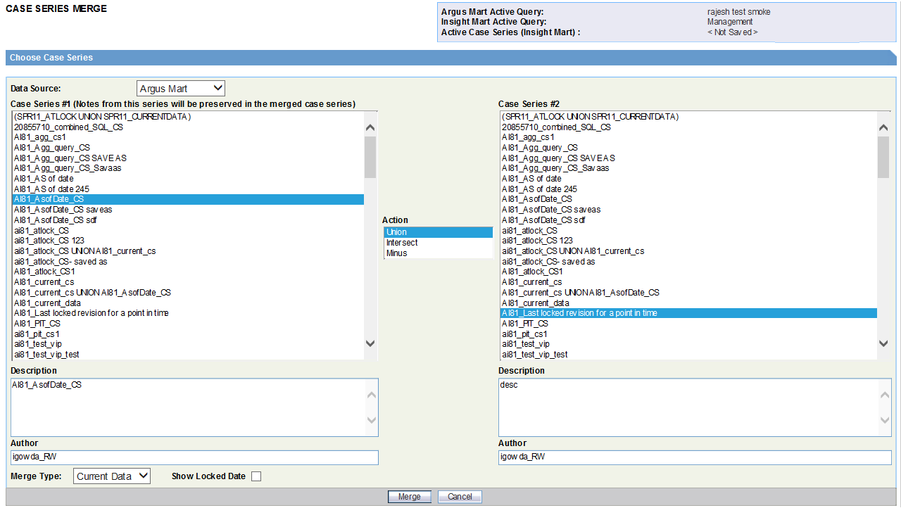Case Series Merge screen