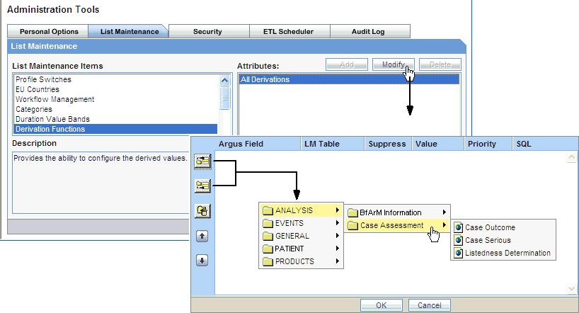 Derivations Fields dialog box