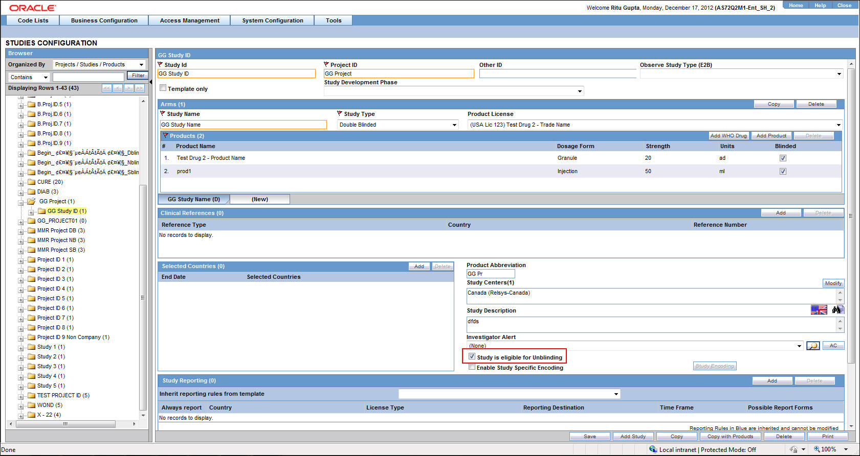 Studies Configuration screen