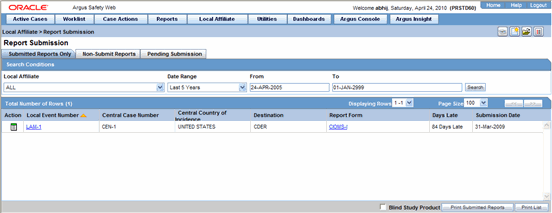 Report Submission, Submitted Reports Only tab