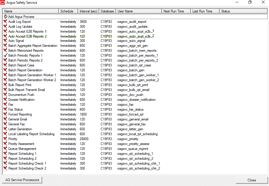 Oracle Argus Safety Service dialog box