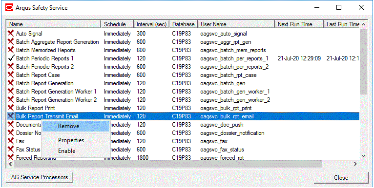 Oracle Argus Safety Service dialog box