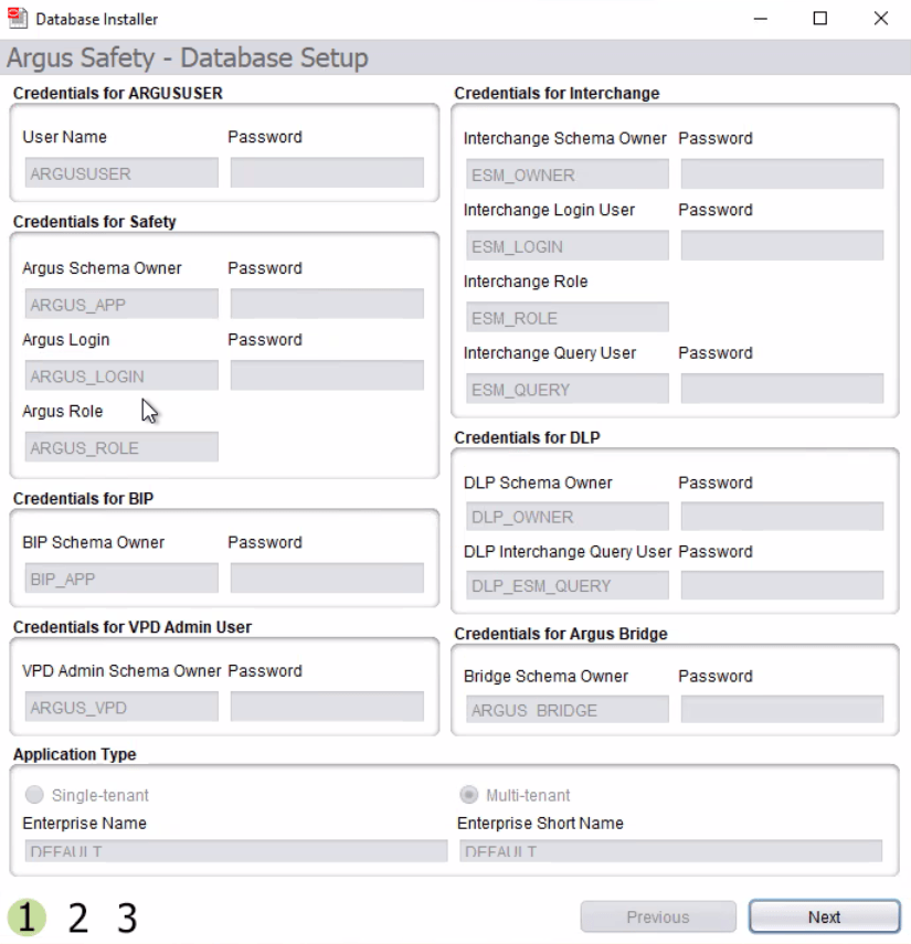 The Argus Safety - Database Setup screen