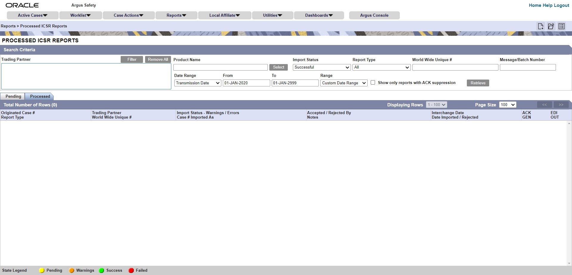 Processed ICSR reports screen