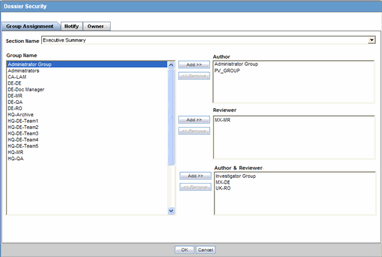 Dossier Security dialog box