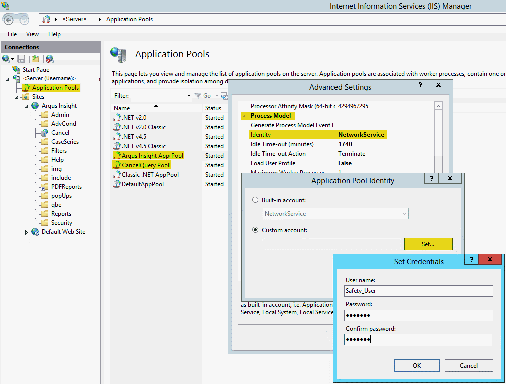 Configure Application Pools via Advanced Settings dialog box