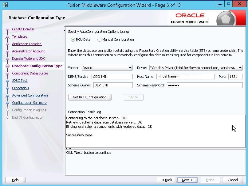 Database Configuration Type screen