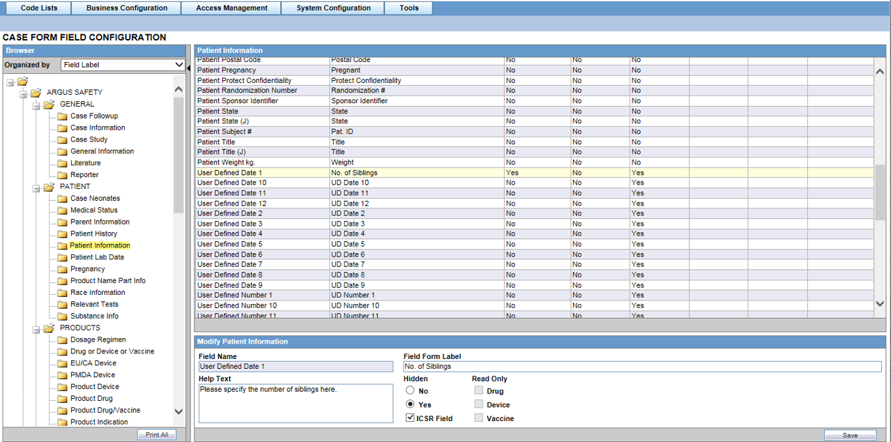 Case form field configuration
