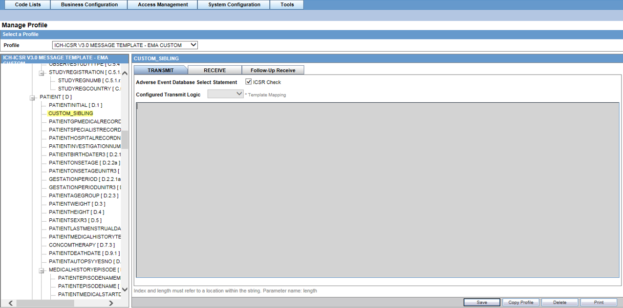 Manage profile screen