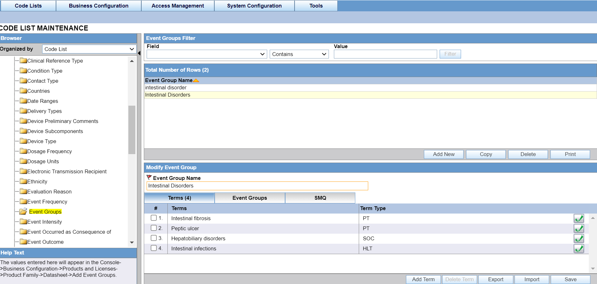 Configure Event Groups information screen Configure Event Groups information screen