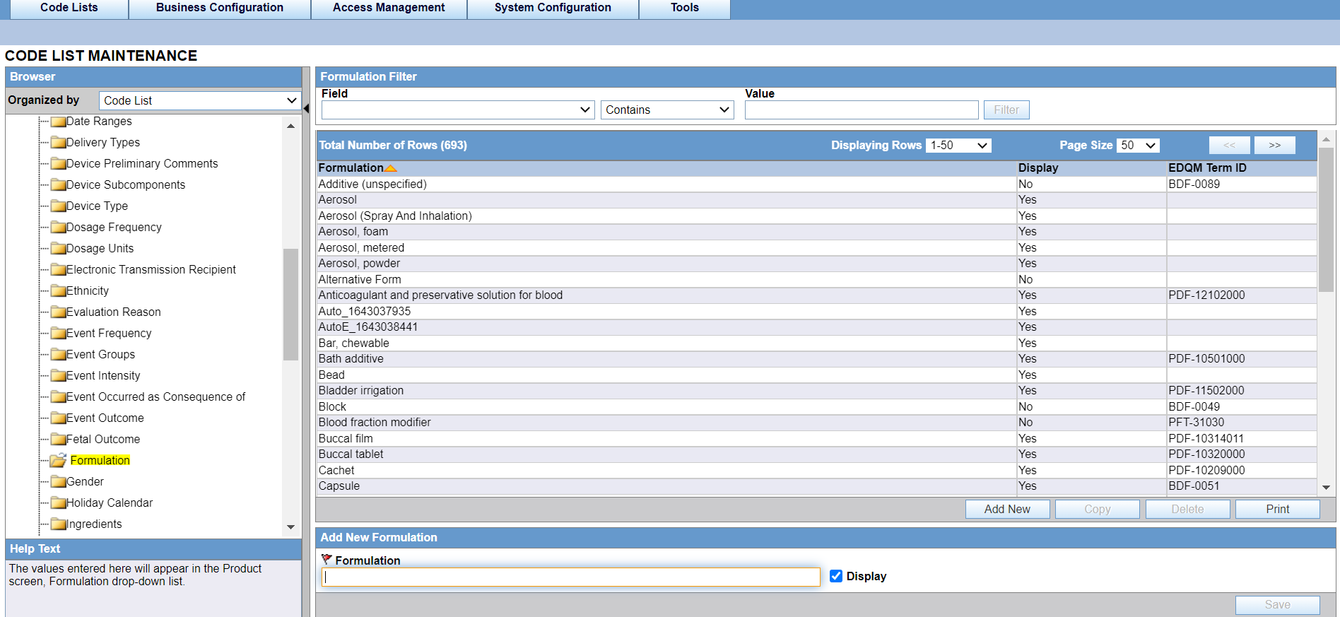 Formulation code list
