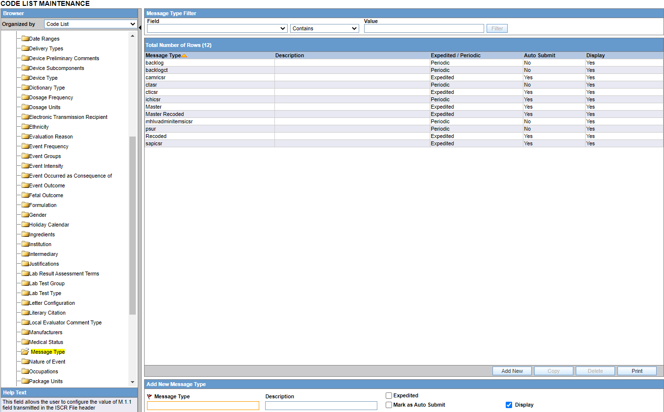 Configure Message Type screen
