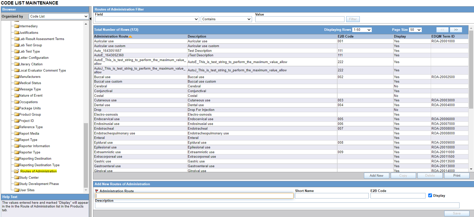 Configure Routes of Administration screen Configure Routes of Administration screen