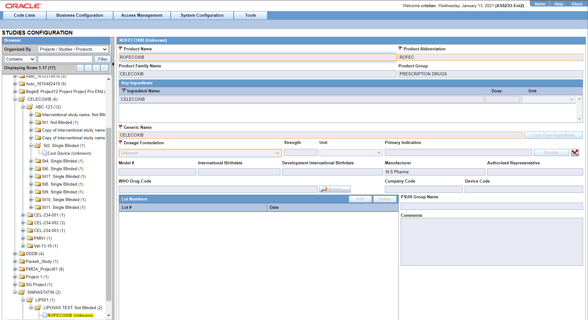Study Configuration screen