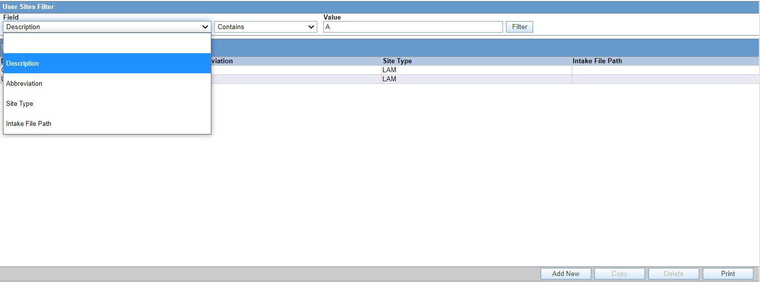 User Sites Filter User Sites Filter