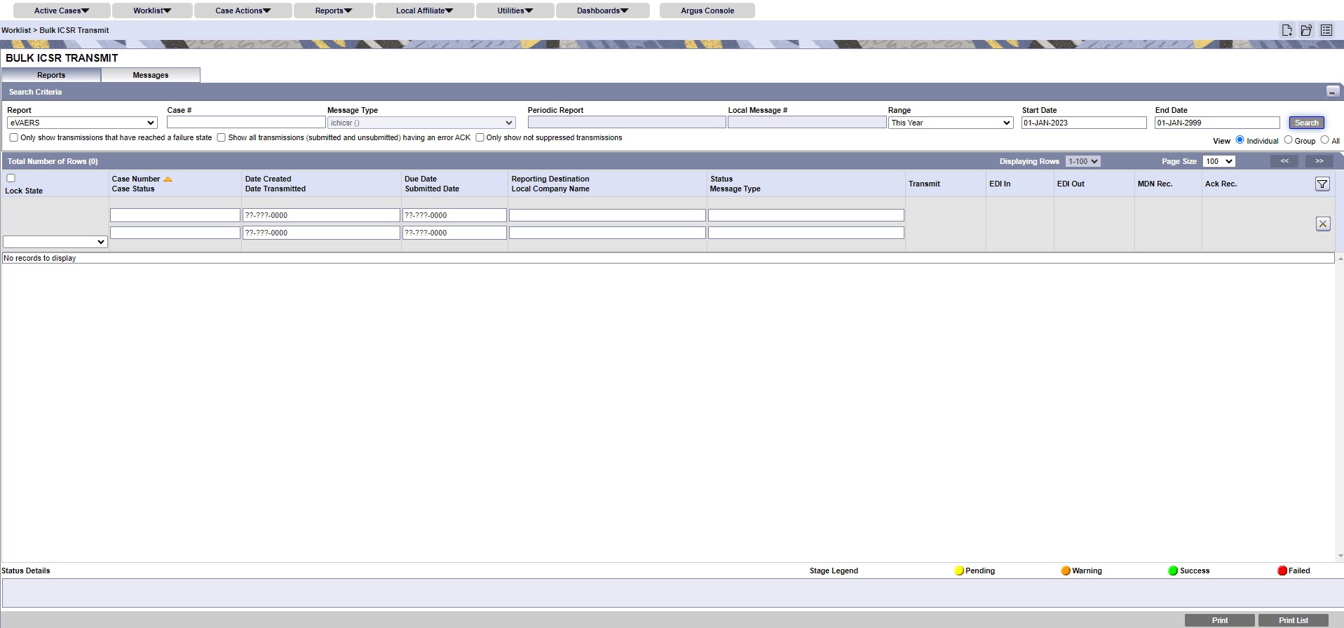 Bulk ICSR Transmit screen