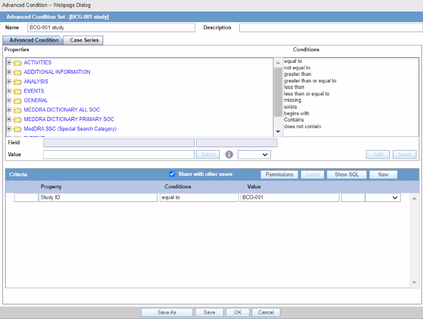 Advanced Condition Set dialog