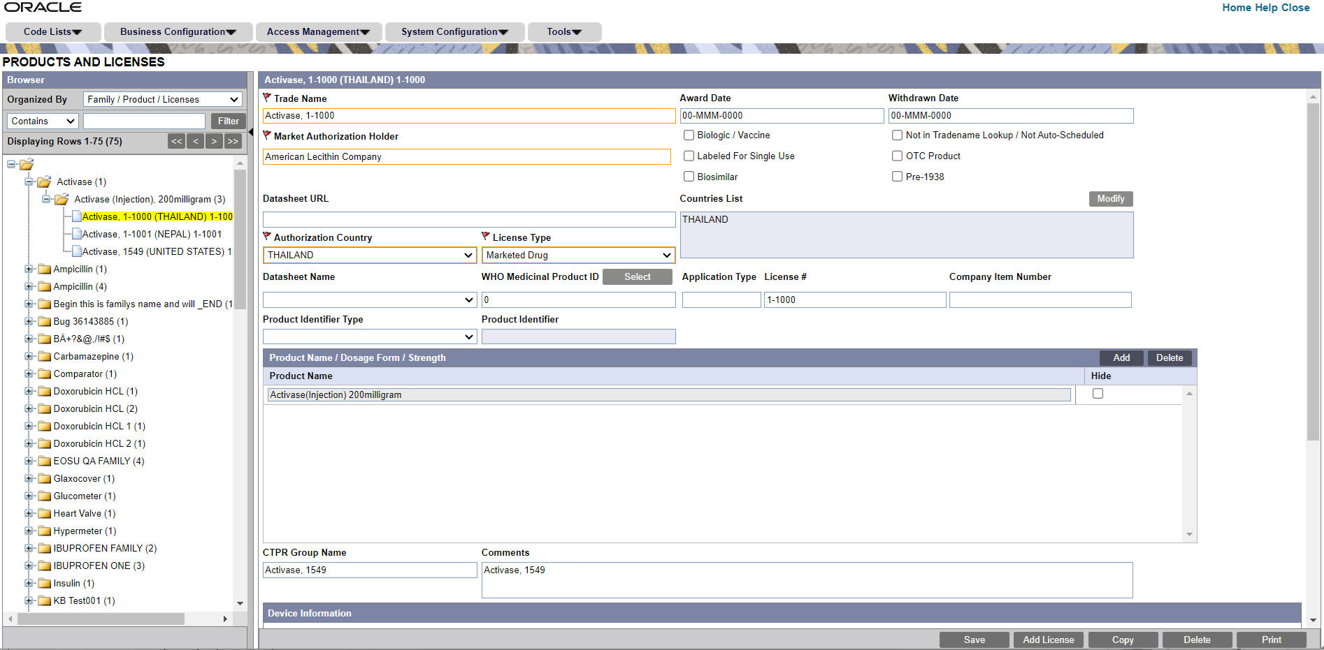 Products and Licenses screen